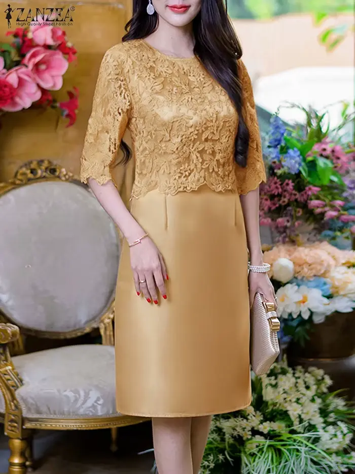 Robe élégante en polyester avec dentelle pour femmes, style bureau-dame, longueur aux genoux, col rond, fermeture éclair, occassions spéciales