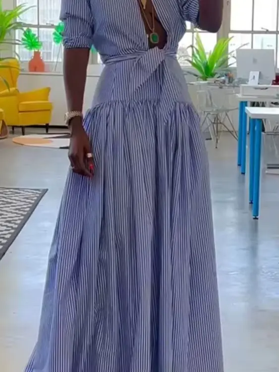 Mode rayé chemise Robe pour femmes décontracté à manches longues Stand bouton à lacets pull robes