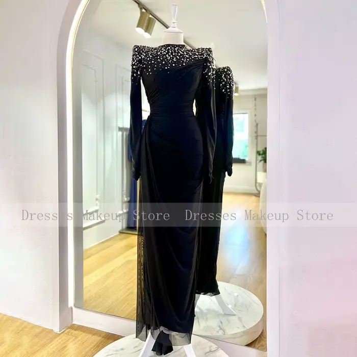 Robe de soirée de luxe en cristal pour femmes, manches longues, sirène/trompette, couleur personnalisable, silhouette élégante pour soirée officielle et mariage
