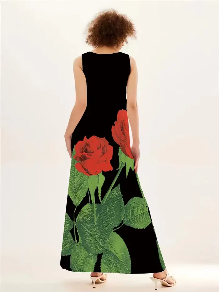 Robe imprimée rose rouge décontractée pour femmes, été, sans manches, col en V, avec poches, idéale pour la plage et les soirées, disponible en plusieurs tailles et couleurs