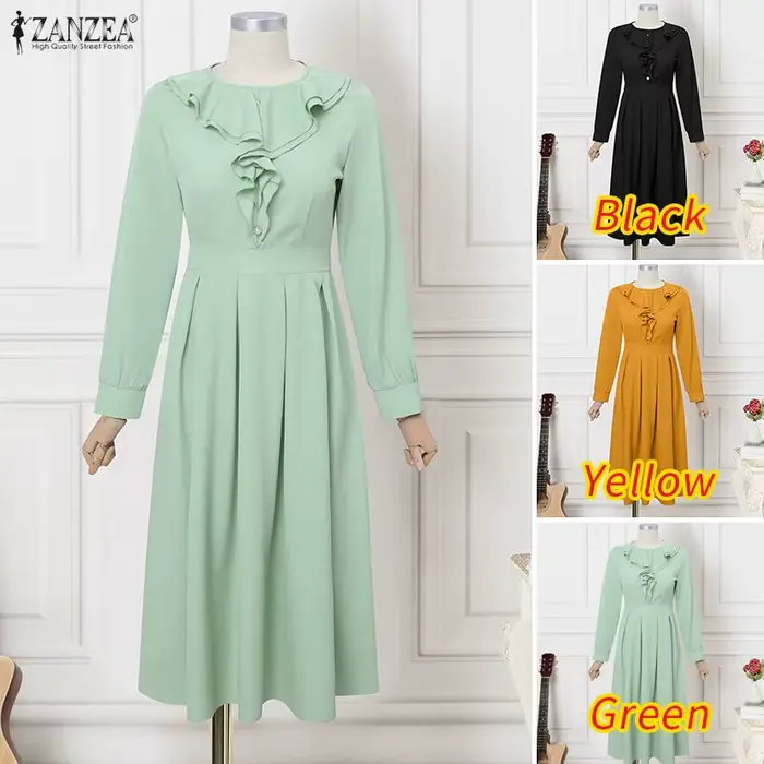 ZANZEA Robes Midi Femme Été Printemps Décontractées Manches Longues Unies Col Rond Ample