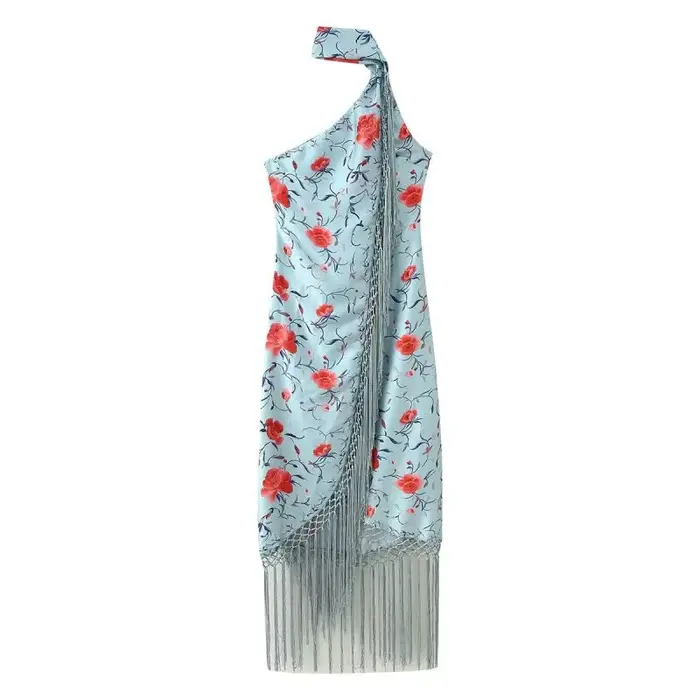 Robe longue de soirée asymétrique à imprimé floral en satin pour femme