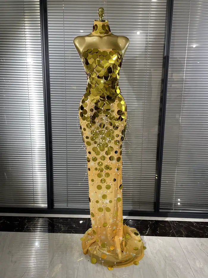 Robe longue sirène moulante transparente en maille à sequins argentés et dorés pour femme, tenue de 