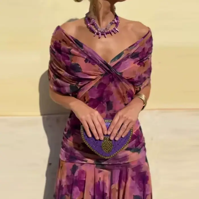 Robe de soirée longue en maille plissée pour femmes