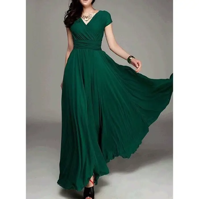 Robe de soirée de bal en mousseline de polyester, col en V, plissé, manches courtes, élégante pour femmes, soirées officielles, occasions spéciales