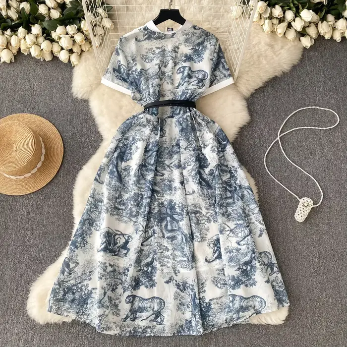 Robe Maxi Française Chic et Élégante Imprimée avec Manches Courtes Pour Femmes Occasions Spéciales Bureau Élégante