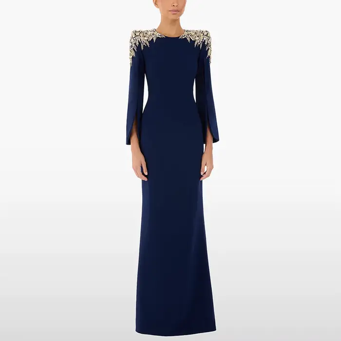 Robe de soirée marine personnalisée avec perles et cristal pour femmes occasions spéciales soirée officielle