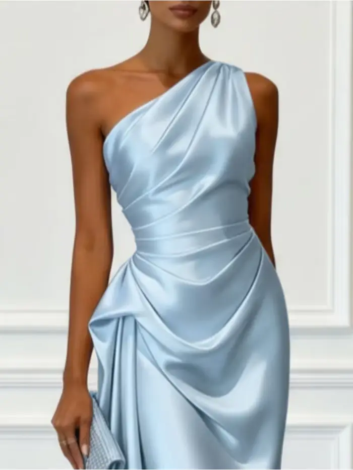 Robe midi en satin à une épaule avec taille froncée