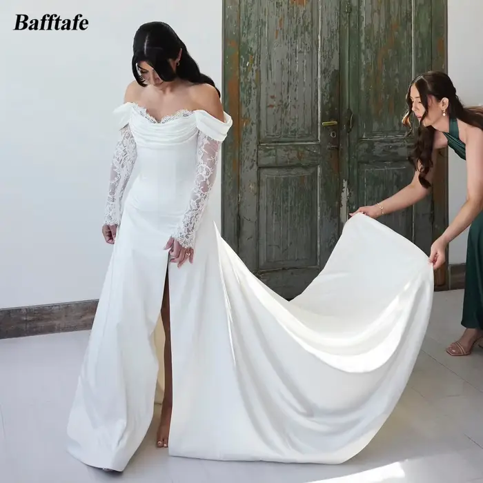 Bafftafe-Robe de Mariée Élégante en Satin et Dentelle à Manches sulf