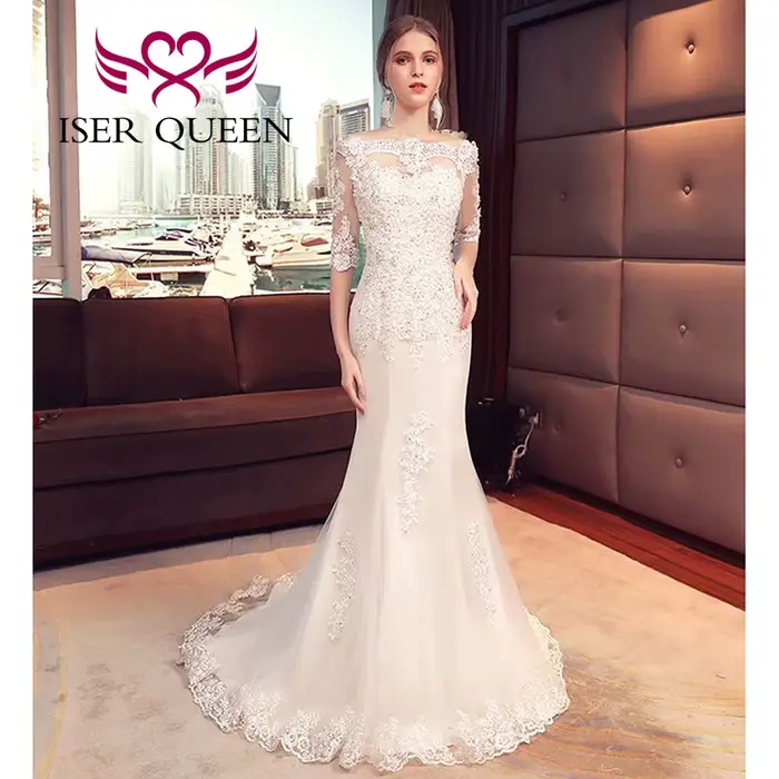 Robe de mariée personnalisée ISER QUEEN style sirène avec train de chapelle et décoration en dentelle et perles pour femmes occasions spéciales