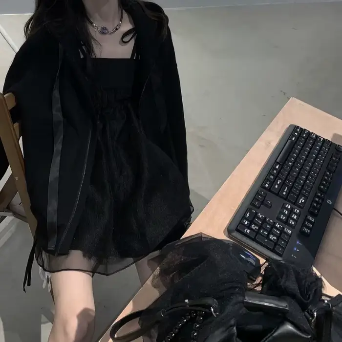 Robe Mini Femme Noire Harajuku Taille Haute Ample à Bretelles 2026