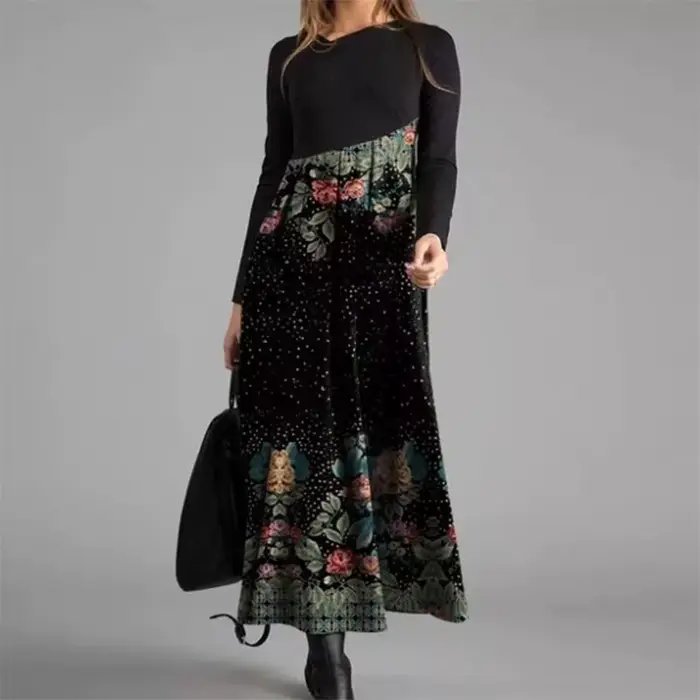 Robe longue vintage à col en V pour femmes