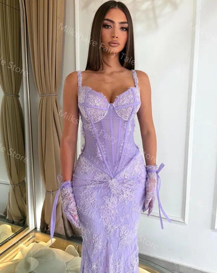 Robes de soirée lavande glamour en dentelle complète sans manches pour femmes