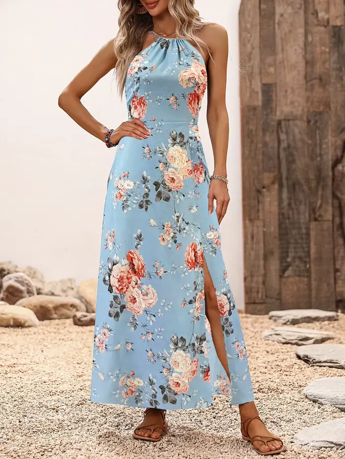 Robe dos nu pour femmes, imprimé Floral, fente haute, cuisses, été, sans manches, Sexy, moulante, pl