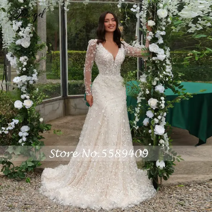 Robes de mariée sirène personnalisées, col en V, manches longues, dentelle, poignées de fleurs 3D, train amovible, luxe