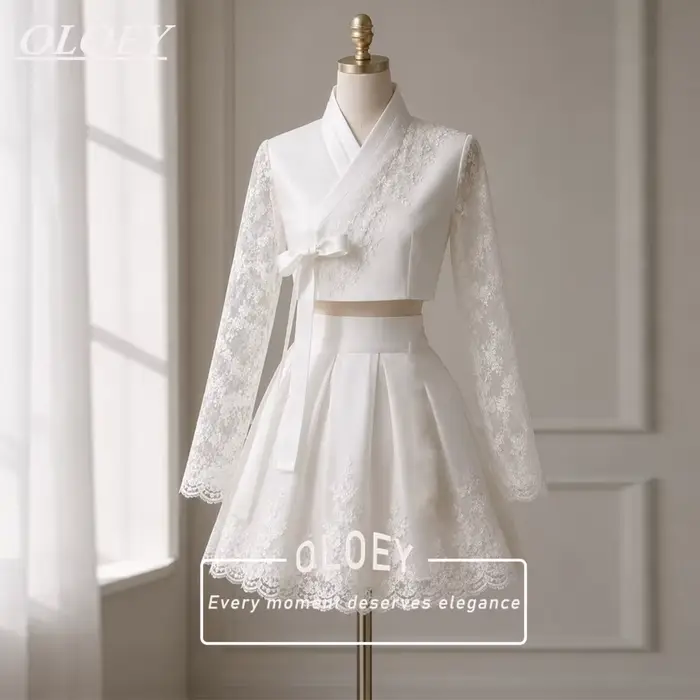 OLOEY Robe de cocktail courte vintage coréenne 2 pièces ivoire, haut à manches longues avec mini-jup