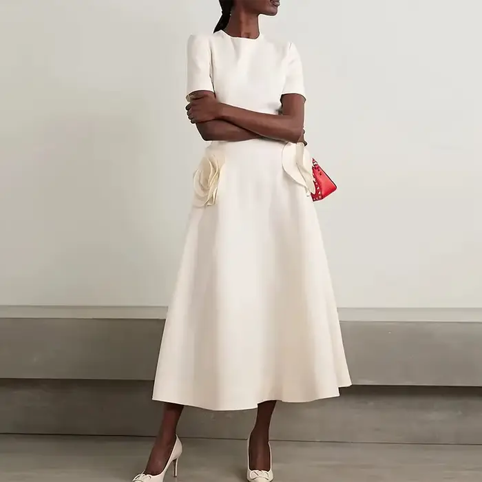 Robes de soirée de mariage simples en jersey, coupe trapèze, couleur champagne, col rond, fleurs 3D,
