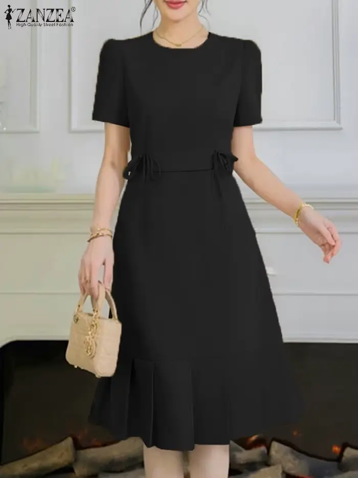 ZANZEA femmes robes de soirée été à manches courtes coréen genou longueur Robe d'été 2025 mode plissée couleur unie