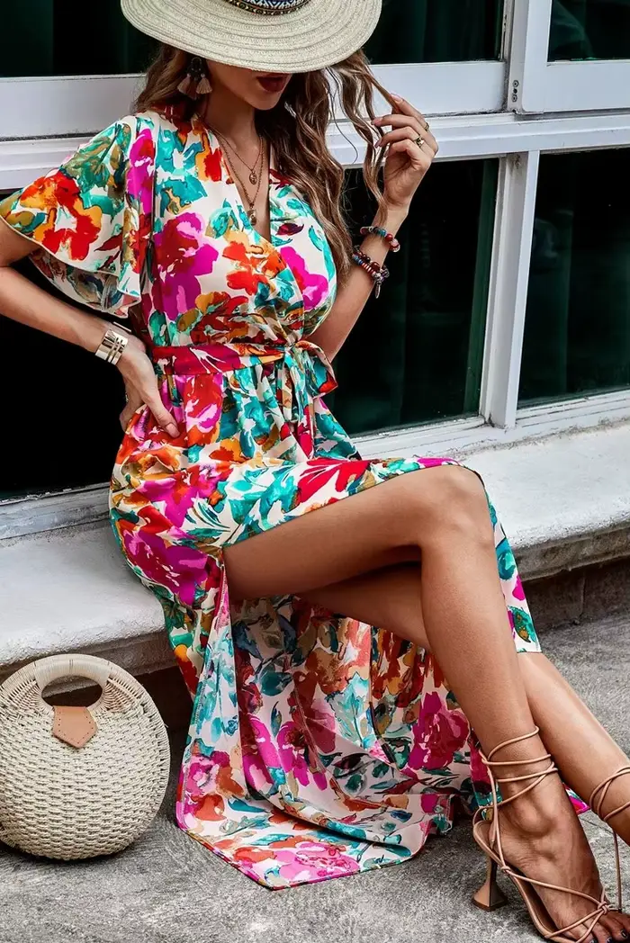 Nouvelle Robe Style Preppy Mousseline Polyester Taille Asymétrique Col en V Fleur Manches Papillon Occasions Spéciales