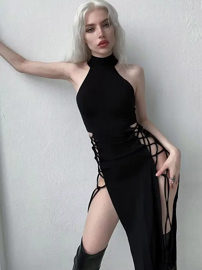 Robe gothique mi-longue à col licou style gothique pour femmes avec bandage Y2K soirée gothique tricoter polyester coton sans manches occasions spéciales