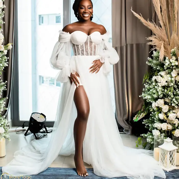 Robes de mariée blanches pour mariage, robes de douche en dentelle de tulle, manches longues, train