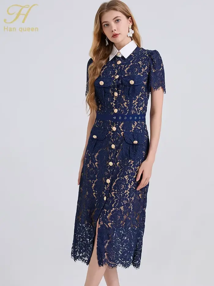 H Han Queen élégant France femmes simple boutonnage dentelle robes femme évider à manches courtes Vintage robe mi-longue