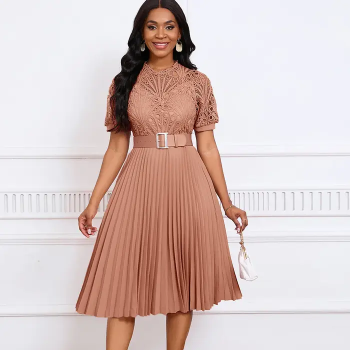 Robe Midi Plissée à Manches Courtes et Col Rond pour Femme