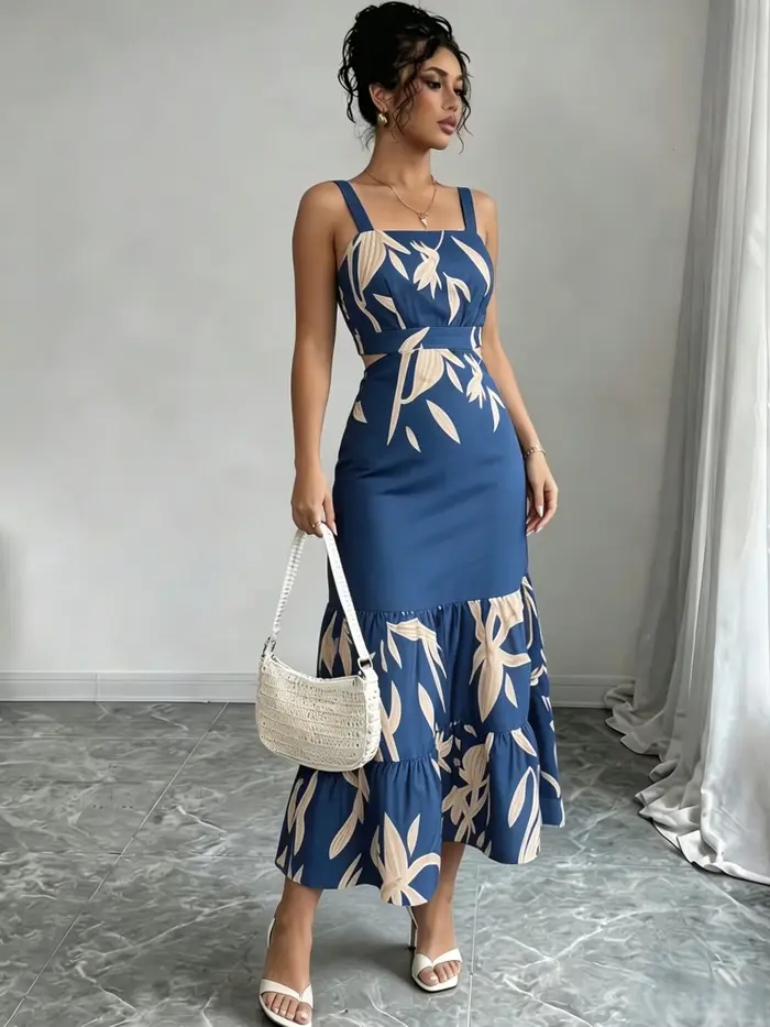 Robe midi bohème à imprimé feuilles bleues, col carré, ourlet à volants, robe fluide, pour les vacances à la plage, les fêtes, les tenues décontractées d'été, les tenues quotidiennes