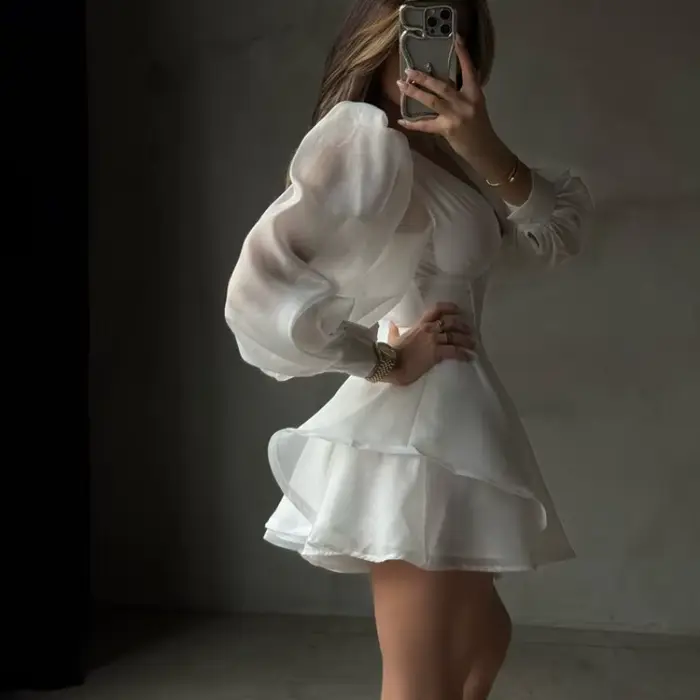 Robe Courte Élégante Blanche en Mousseline pour Femme