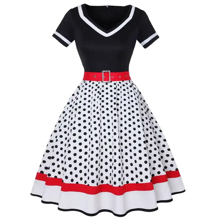 Robe de soirée vintage avec ceinture imprimée à pois, manches courtes, style Rockabilly Pin-Up années 50 et 60 pour femmes grandes tailles occassions spéciales