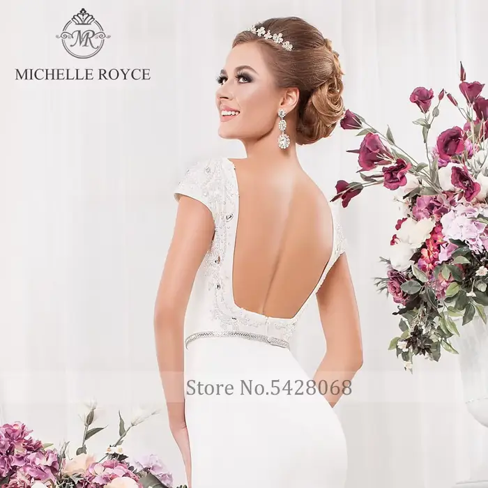 Michelle Royce sirène robes De mariée Scoop manches courtes dos nu perlé Court Train