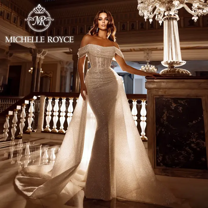 Michelle Royce-Robe de Mariée Sirène 2 en 1, Sexy, Sans Bretelles, Paillettes, Poignées en Dentelle,