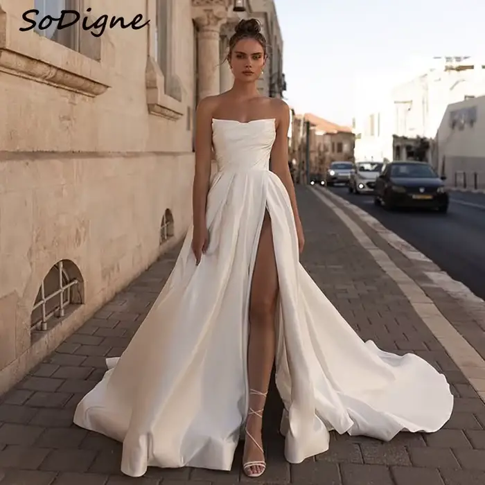 SoDigne-Robe de Mariée Trapèze en Satin, Sans Bretelles, Simple, Fendue, Longue, Personnalisée