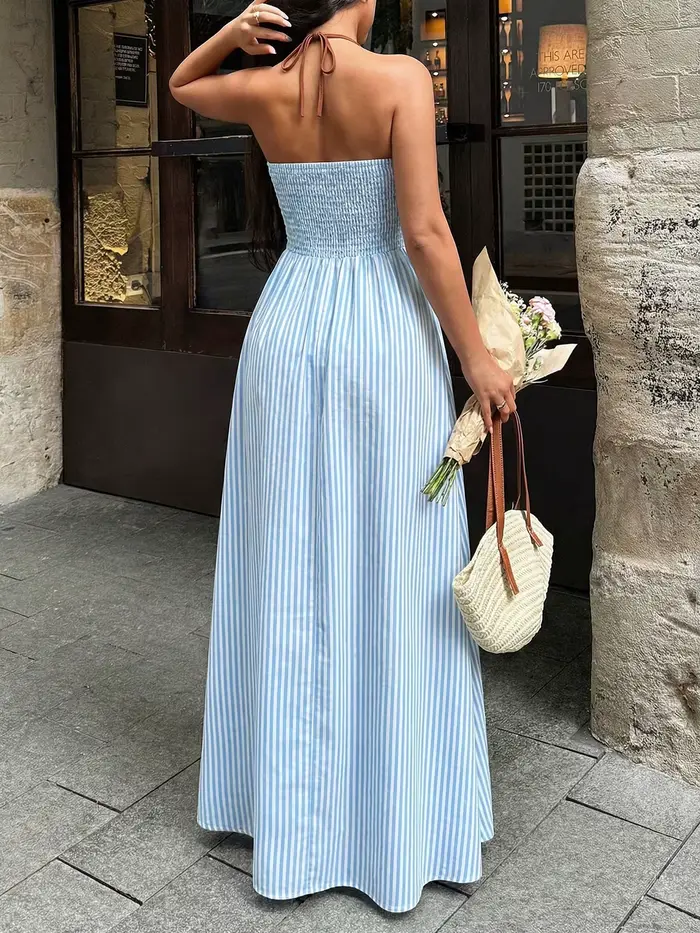 Robes d'été pour femmes 2026 Nouvelle robe dos nu à licou sans manches col en V profond taille haute sexy pour les vacances à la plage à rayures