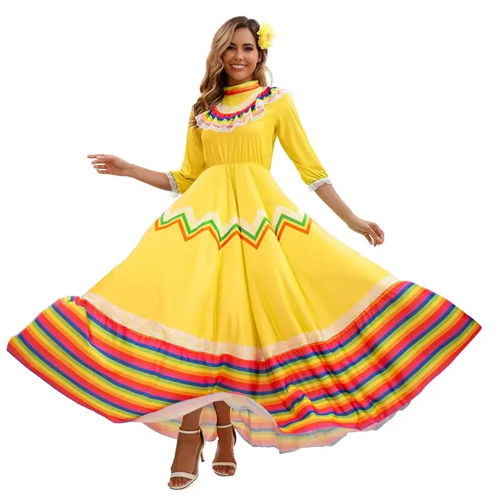Robe longue ethnique espagnole et mexicaine rétro médiévale pour femmes, tenue de fête, de spectacle ou de jeu de rôle à thème