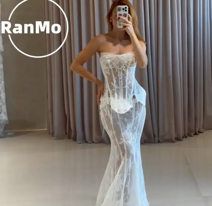 Robe de mariée sirène plissée en dentelle sur mesure Ranmo
