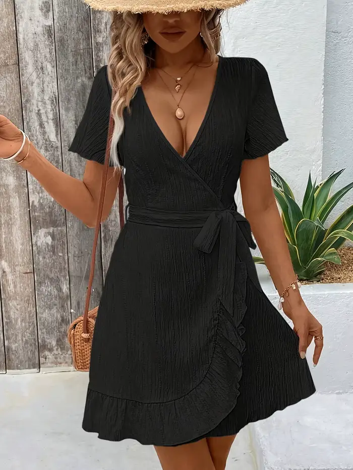 Robe courte à col en V pour femme décontractée texturée avec manches courtes ourlet à volants et taille à nouer occasions spéciales