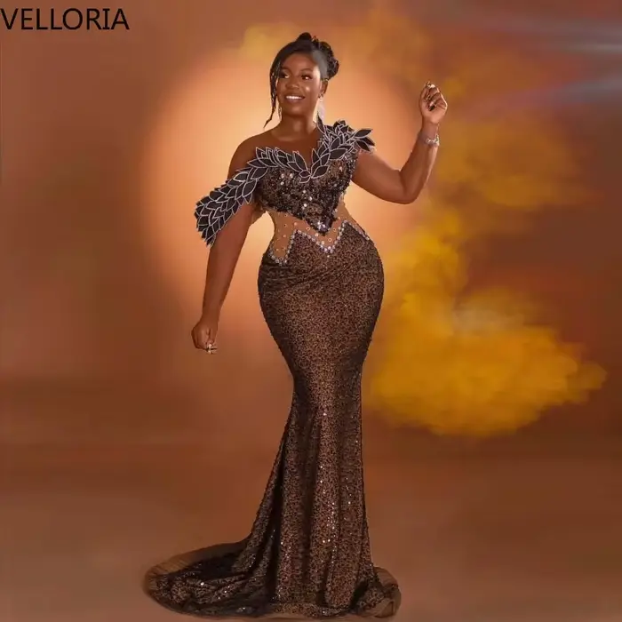 Robe moulante sirène marron pour femmes africaines, épaule unique, applique en feuille 3D, longue ro