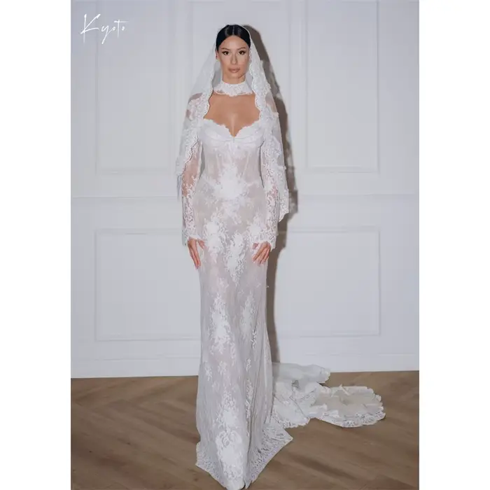 Kyoto – robe de mariée en dentelle florale blanche, personnalisée, épaules dénudées, manches longues