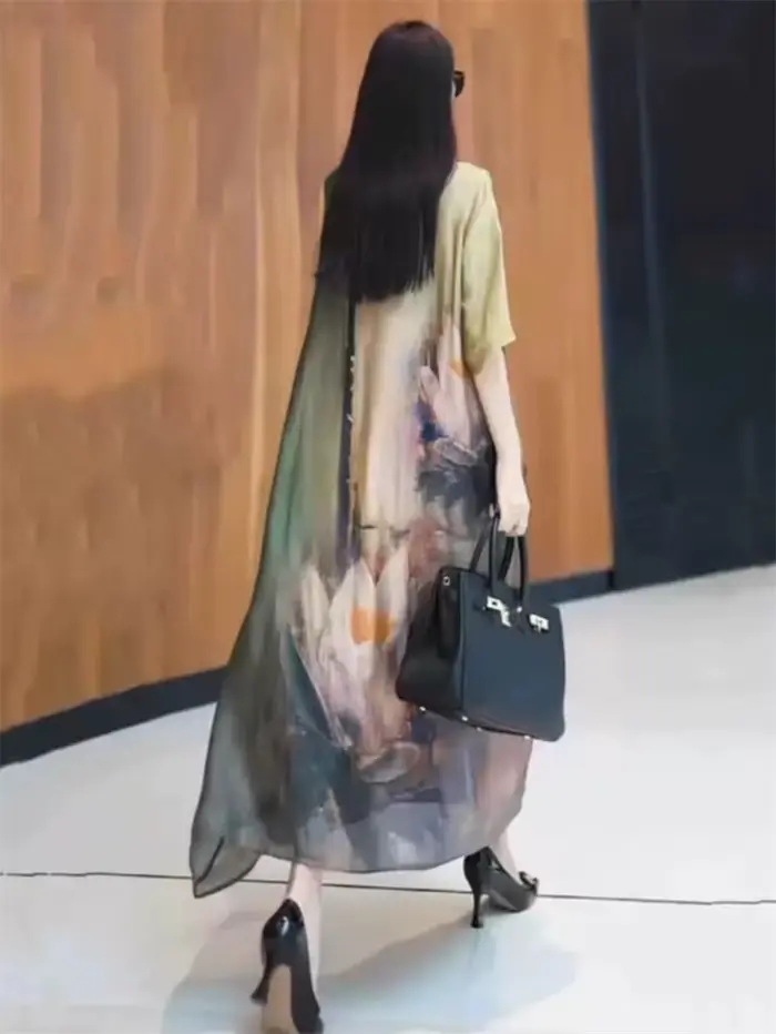 Robe longue amincissante d'été haut de gamme, tendance, style rétro, jupe large avec imprimé floral, coupe ample et amincissante