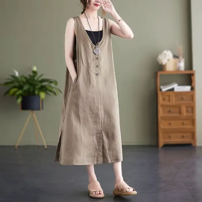 Nouvelle Robe Débardeur Femme Été Style Mori Girl Vintage Couleur Unie Coton Lin Col V Sans Manches Décontractée Ample Longueur Midi