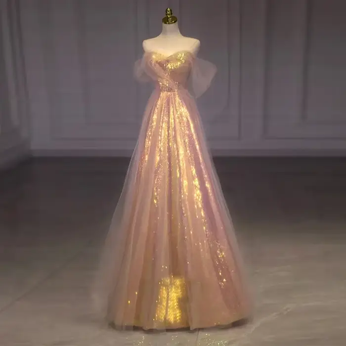 Femmes robes de soirée rose étincelles a-ligne robe vestidos de noche mujer hors de l'épaule robe de
