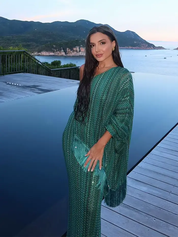 Robes longues en Crochet vert avec écharpe pour femmes