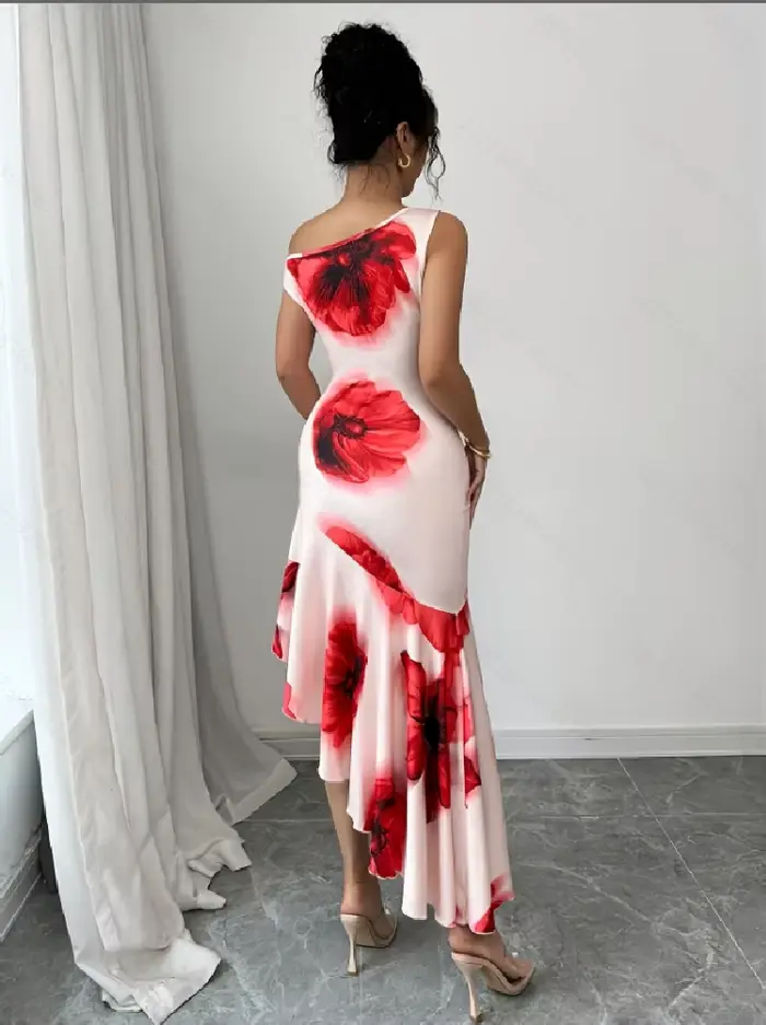Robe décontractée à fleurs pour femmes junior, polyester, asymétrique, sans manches, mi-mollet, été, occasions spéciales
