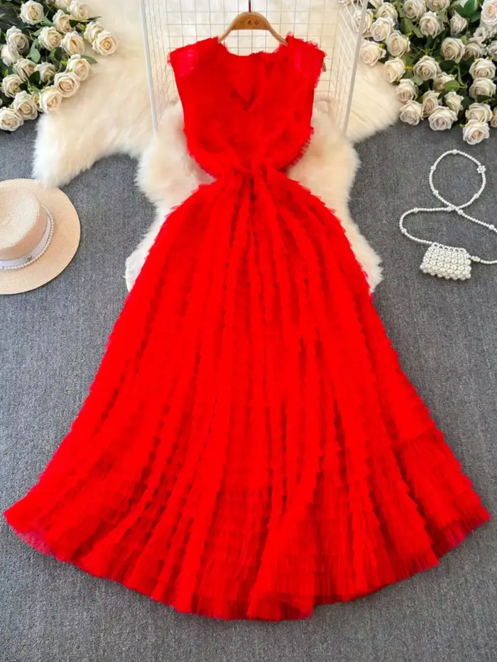 Robe en tulle à volants en maille à col en V pour femmes