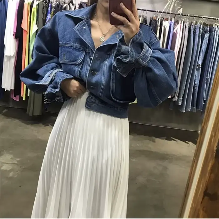 Automne étudiant Chic Denim décontracté femme Style BF, court Cowboy femme de bureau, manteau ample 