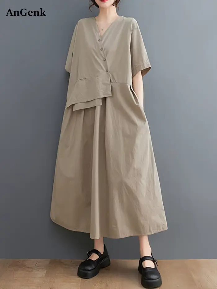 Robe kaki vintage patchwork décontractée à manches courtes pour femmes occasions estivales style coréen