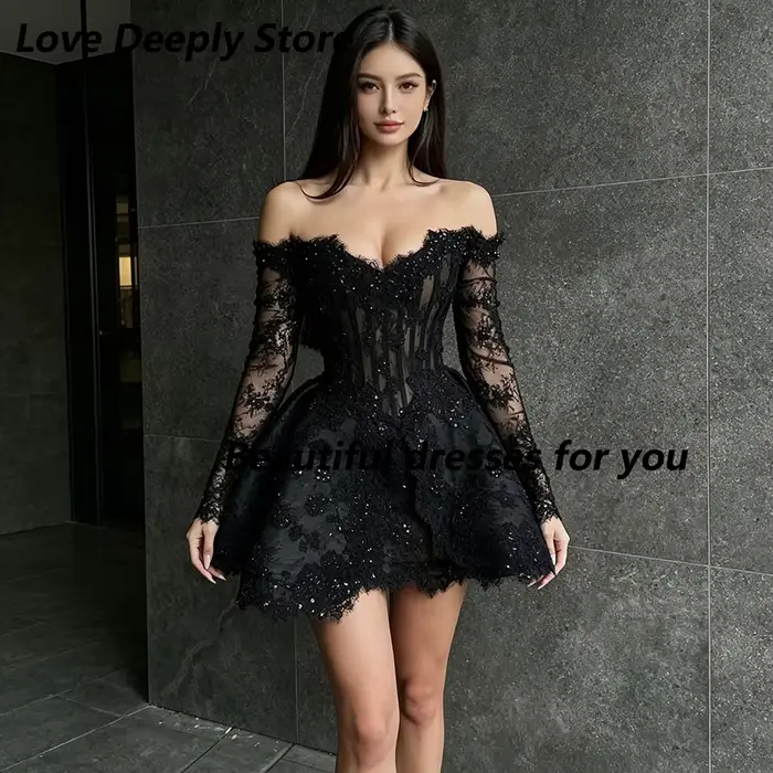 Robe de cocktail mini en dentelle noire personnalisable avec décolleté Mon Amour et décoration en perles pour femmes toutes occasions spéciales