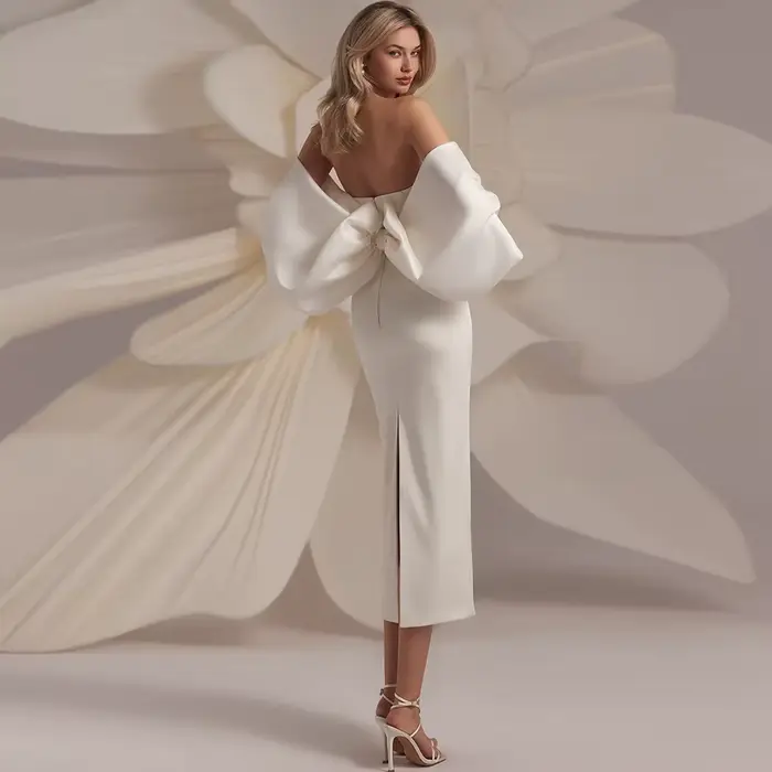 Robes de mariée mi-longues pour anniversaire de mariage, en satin ivoire, coupe fourreau, épaules dé