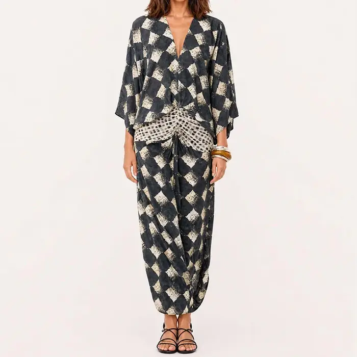 Robe longue décontractée à manches chauve-souris et patchwork